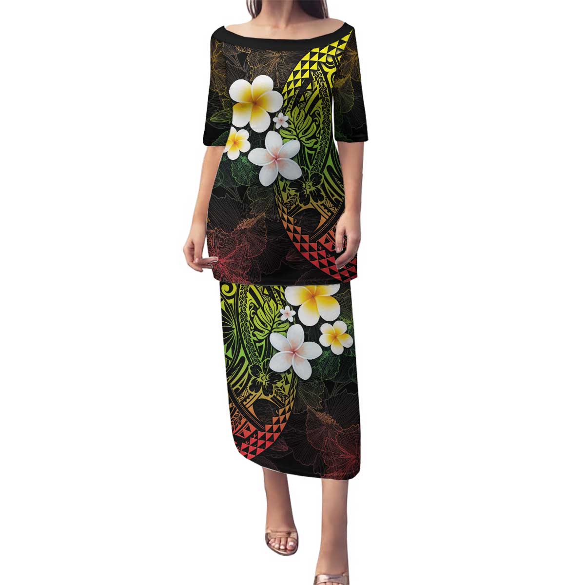Hawaiian Hibiscus and Plumeria Polynesian Tribal Tattoo Family Matching Puletasi and Hawaiian Shirt Reggae Color LT03 Mom's Dress Reggae - Polynesian Pride