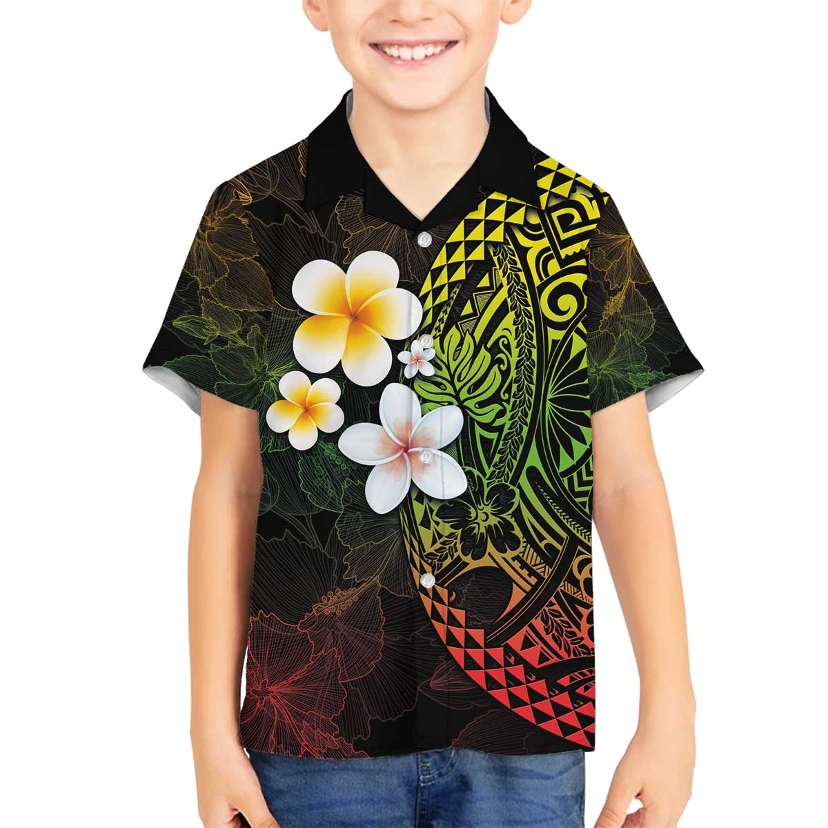 Hawaiian Hibiscus and Plumeria Polynesian Tribal Tattoo Family Matching Puletasi and Hawaiian Shirt Reggae Color LT03 Son's Shirt Reggae - Polynesian Pride