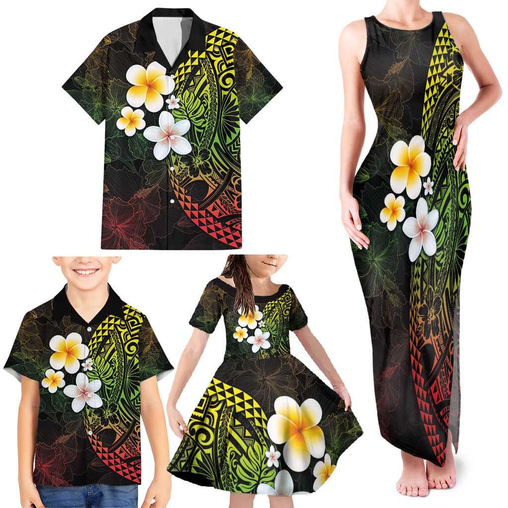 Hawaiian Hibiscus and Plumeria Polynesian Tribal Tattoo Family Matching Tank Maxi Dress and Hawaiian Shirt Reggae Color