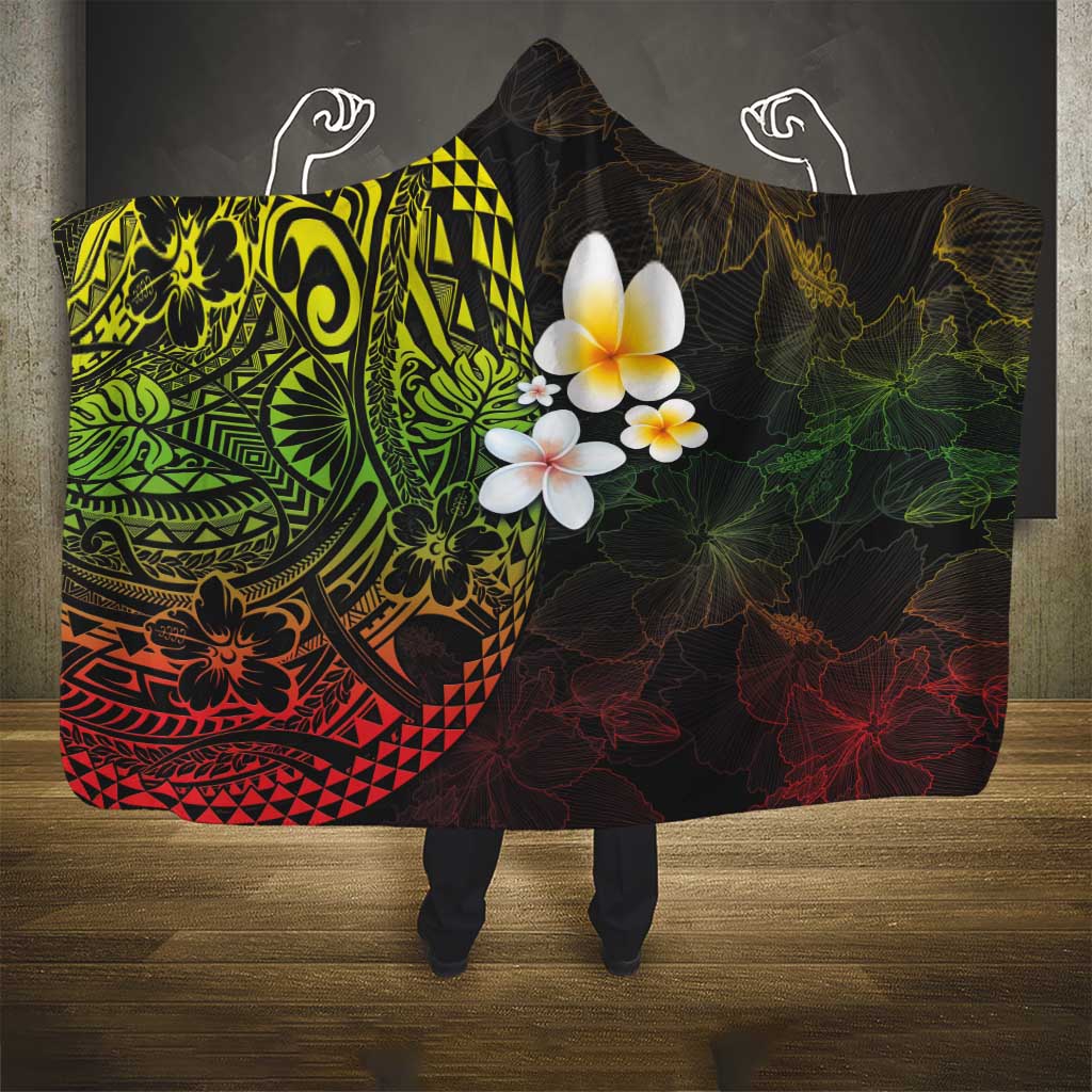 Hawaiian Hibiscus and Plumeria Polynesian Tribal Tattoo Hooded Blanket Reggae Color