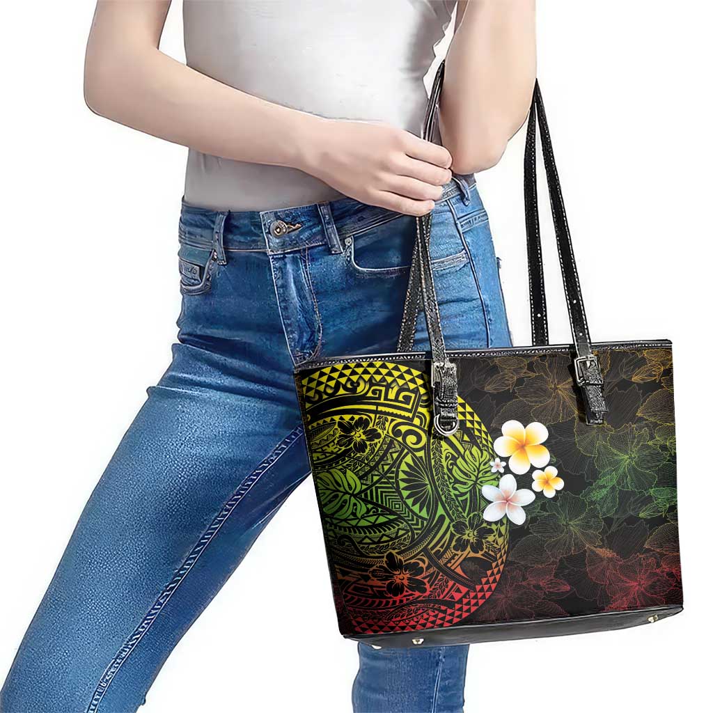 Hawaiian Hibiscus and Plumeria Polynesian Tribal Tattoo Leather Tote Bag Reggae Color LT03 - Polynesian Pride