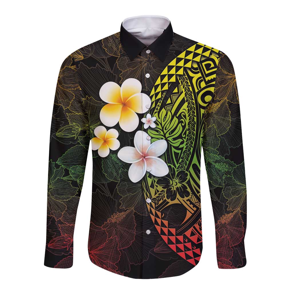 Hawaiian Hibiscus and Plumeria Polynesian Tribal Tattoo Long Sleeve Button Shirt Reggae Color LT03 Unisex Reggae - Polynesian Pride