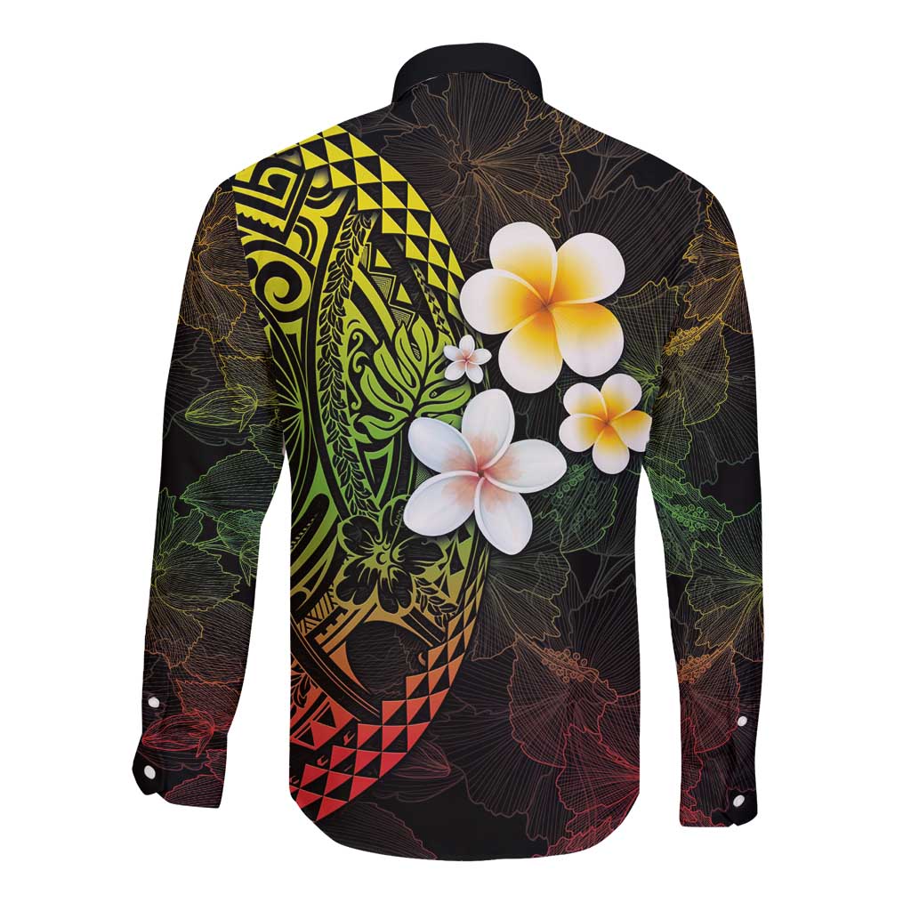 Hawaiian Hibiscus and Plumeria Polynesian Tribal Tattoo Long Sleeve Button Shirt Reggae Color LT03 - Polynesian Pride