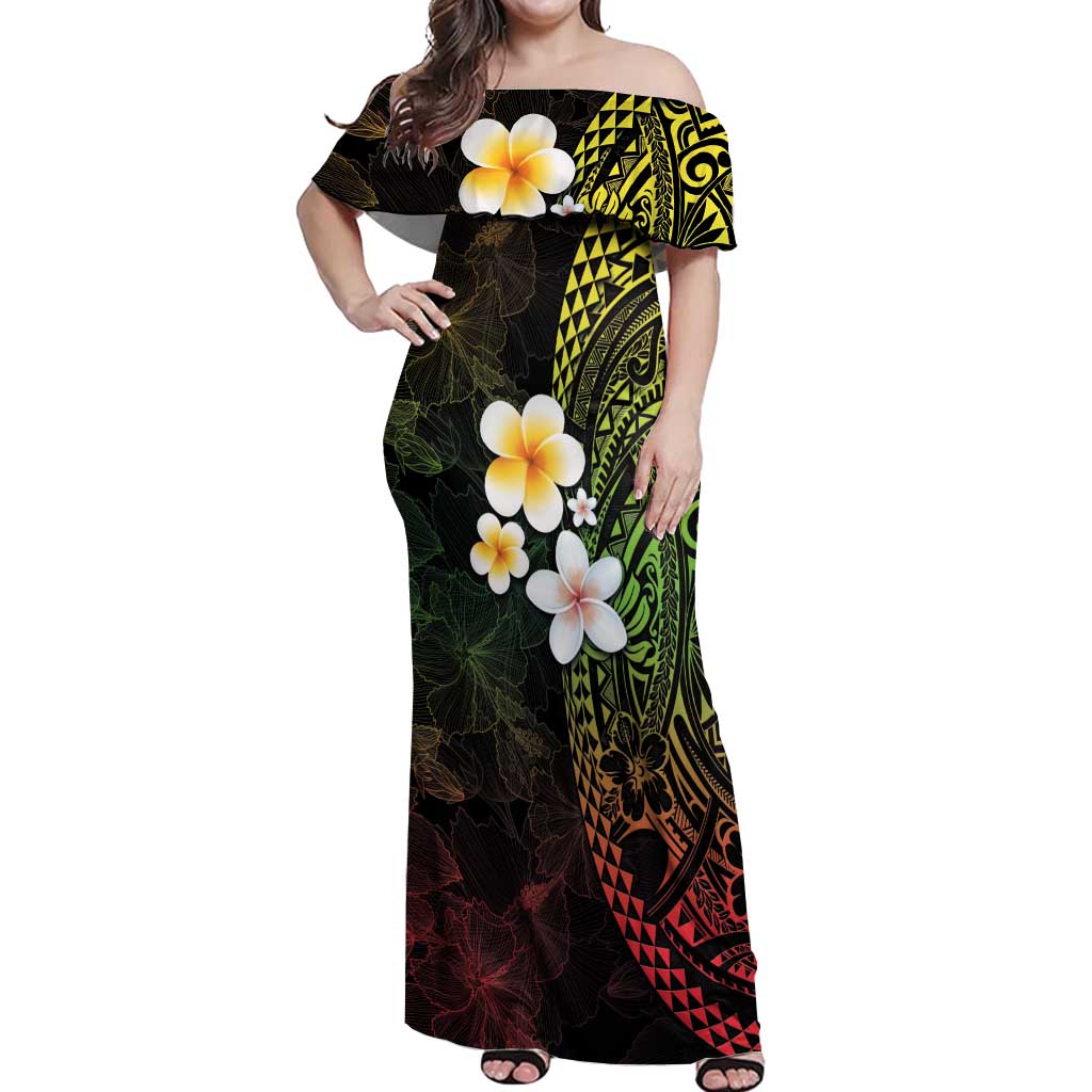 Hawaiian Hibiscus and Plumeria Polynesian Tribal Tattoo Off Shoulder Maxi Dress Reggae Color