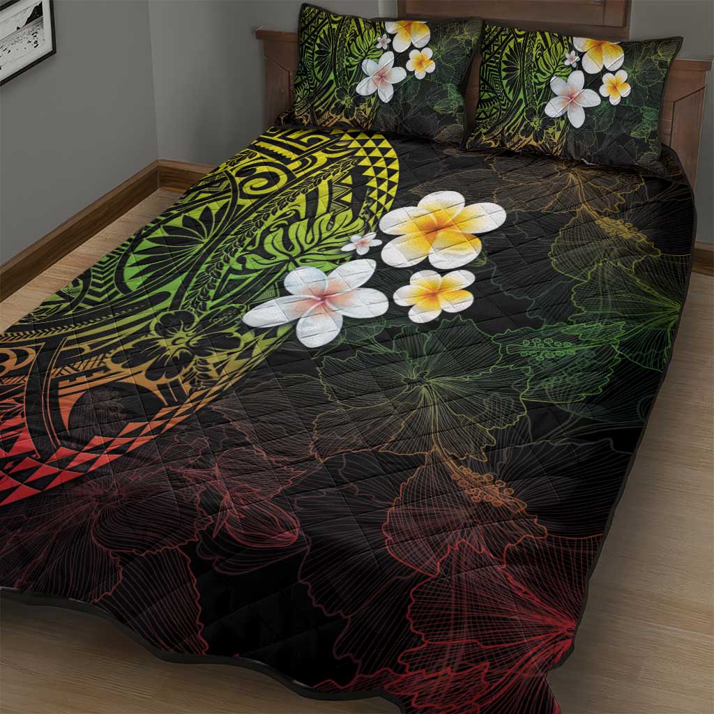 Hawaiian Hibiscus and Plumeria Polynesian Tribal Tattoo Quilt Bed Set Reggae Color LT03 - Polynesian Pride