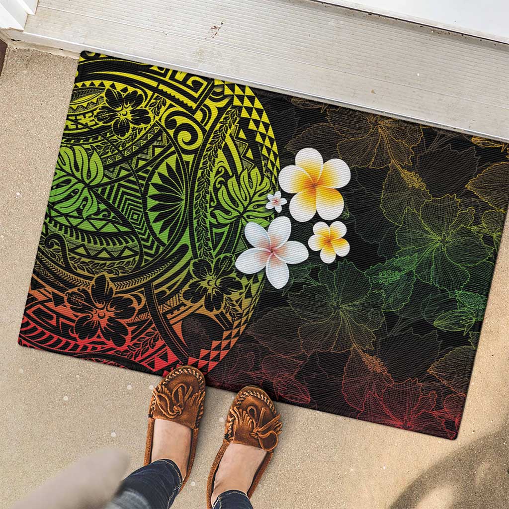 Hawaiian Hibiscus and Plumeria Polynesian Tribal Tattoo Rubber Doormat Reggae Color LT03 - Polynesian Pride