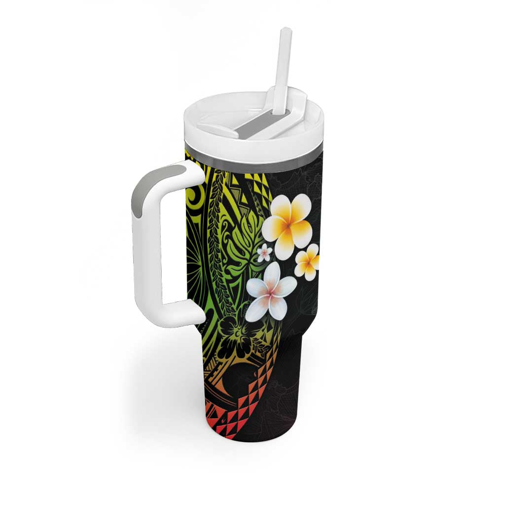 Hawaiian Hibiscus and Plumeria Polynesian Tribal Tattoo Tumbler With Handle Reggae Color