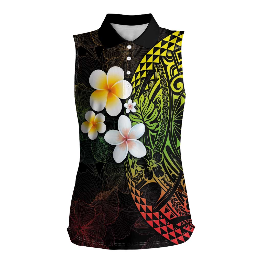 Hawaiian Hibiscus and Plumeria Polynesian Tribal Tattoo Women Sleeveless Polo Shirt Reggae Color LT03 Female Reggae - Polynesian Pride