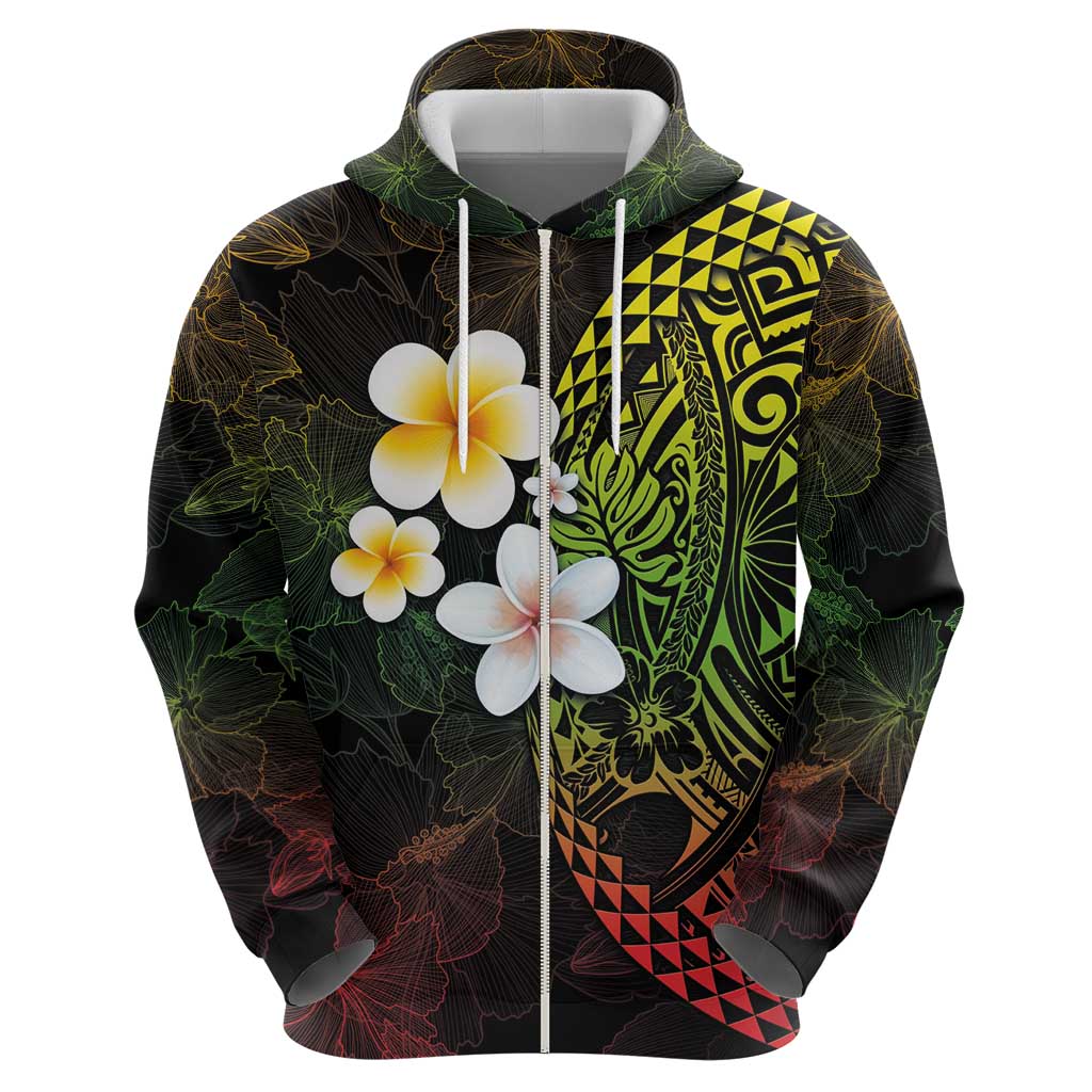 Hawaiian Hibiscus and Plumeria Polynesian Tribal Tattoo Zip Hoodie Reggae Color LT03 - Polynesian Pride