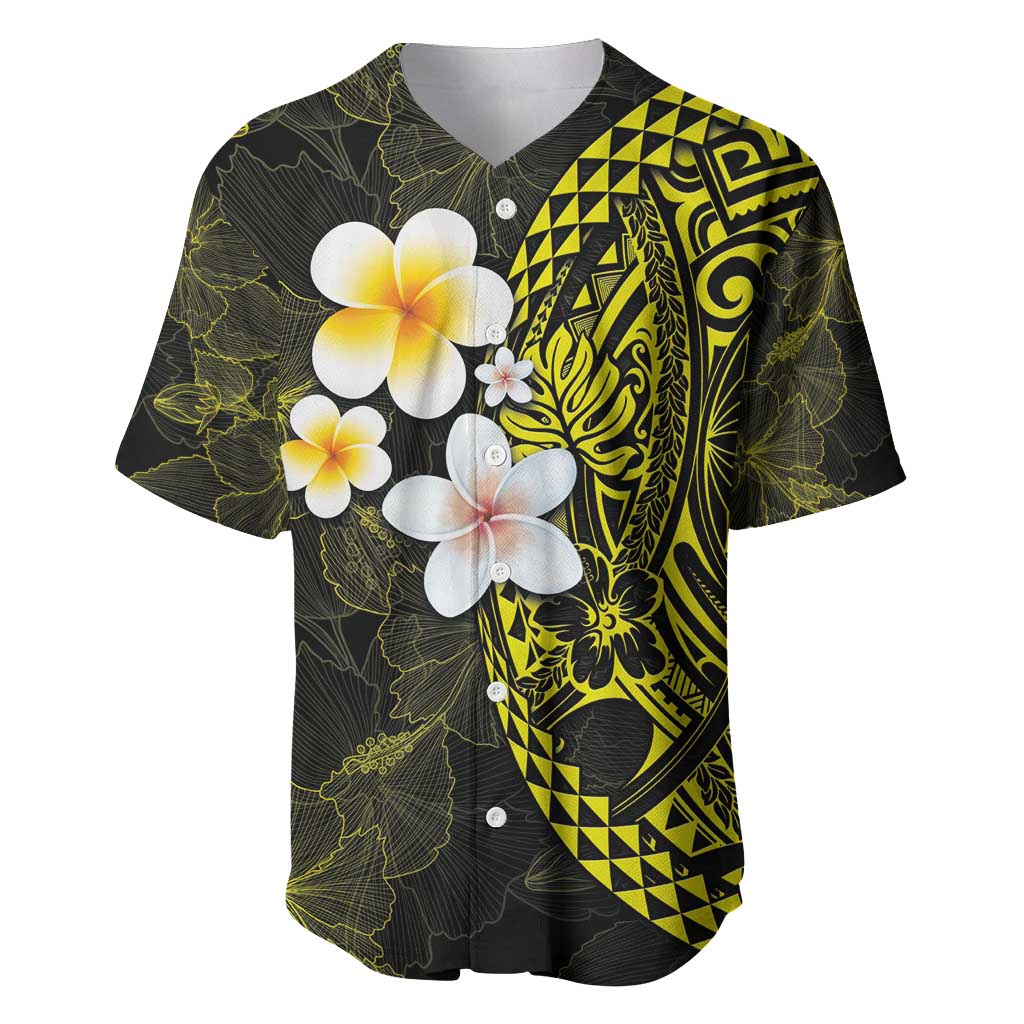 Hawaiian Hibiscus and Plumeria Polynesian Tribal Tattoo Baseball Jersey Yellow Color