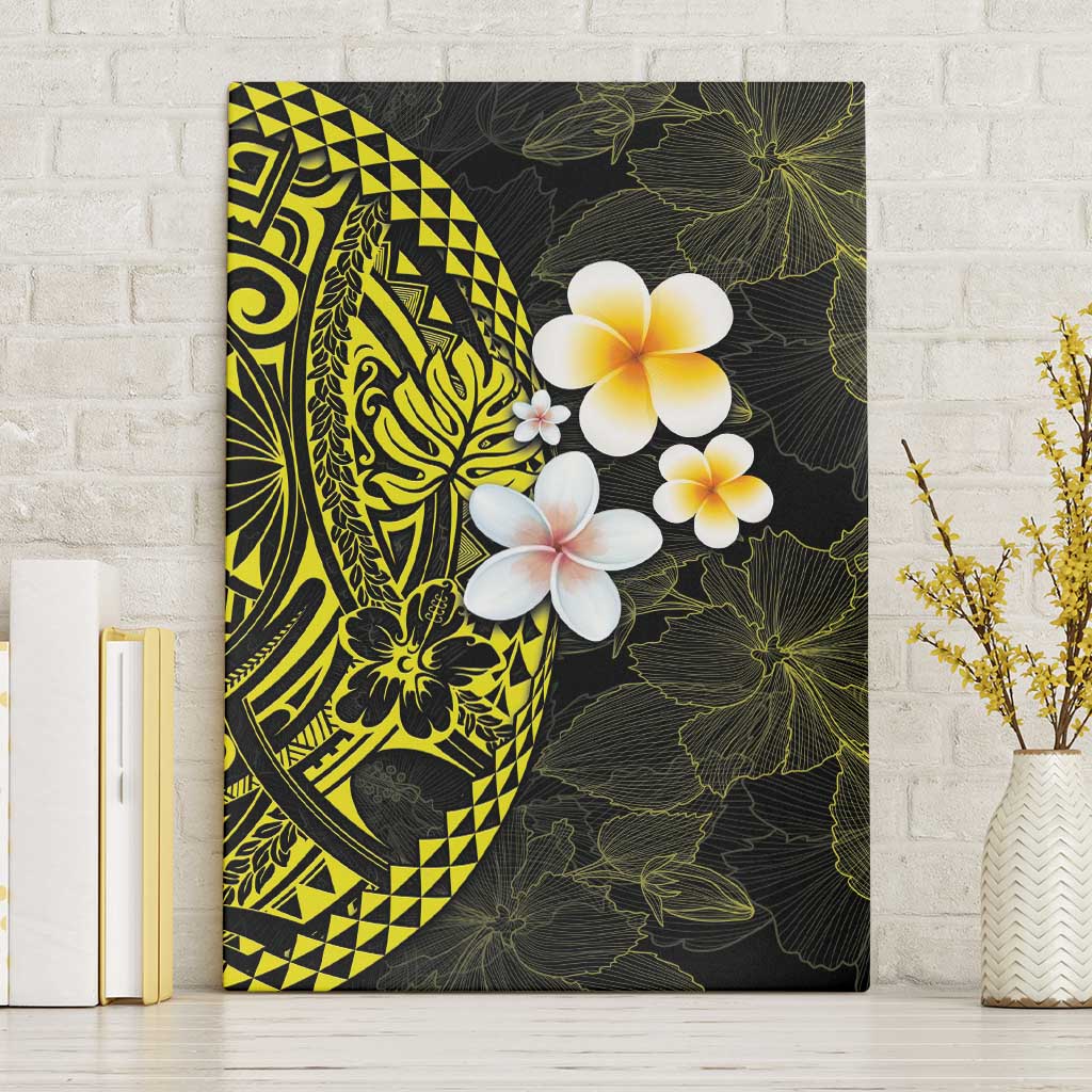 Hawaiian Hibiscus and Plumeria Polynesian Tribal Tattoo Canvas Wall Art Yellow Color