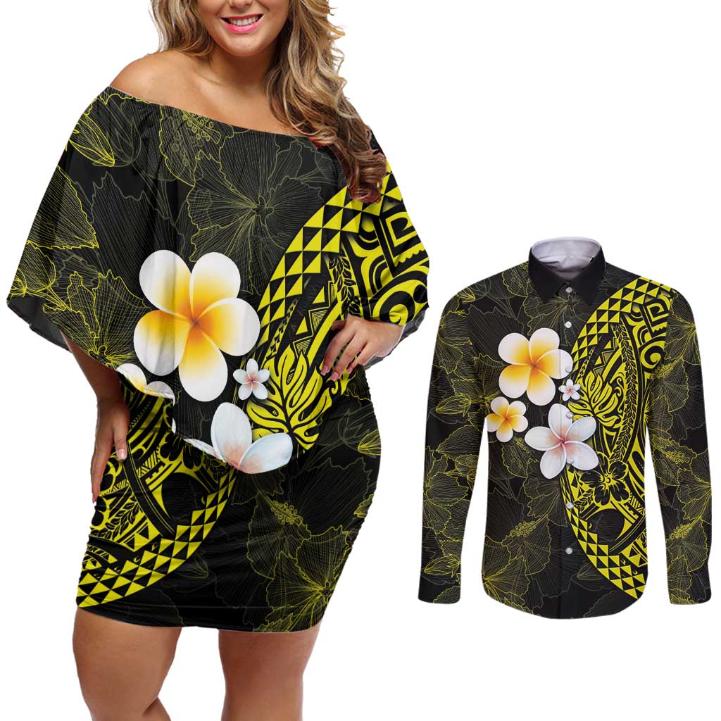 Hawaiian Hibiscus and Plumeria Polynesian Tribal Tattoo Couples Matching Off Shoulder Short Dress and Long Sleeve Button Shirt Yellow Color