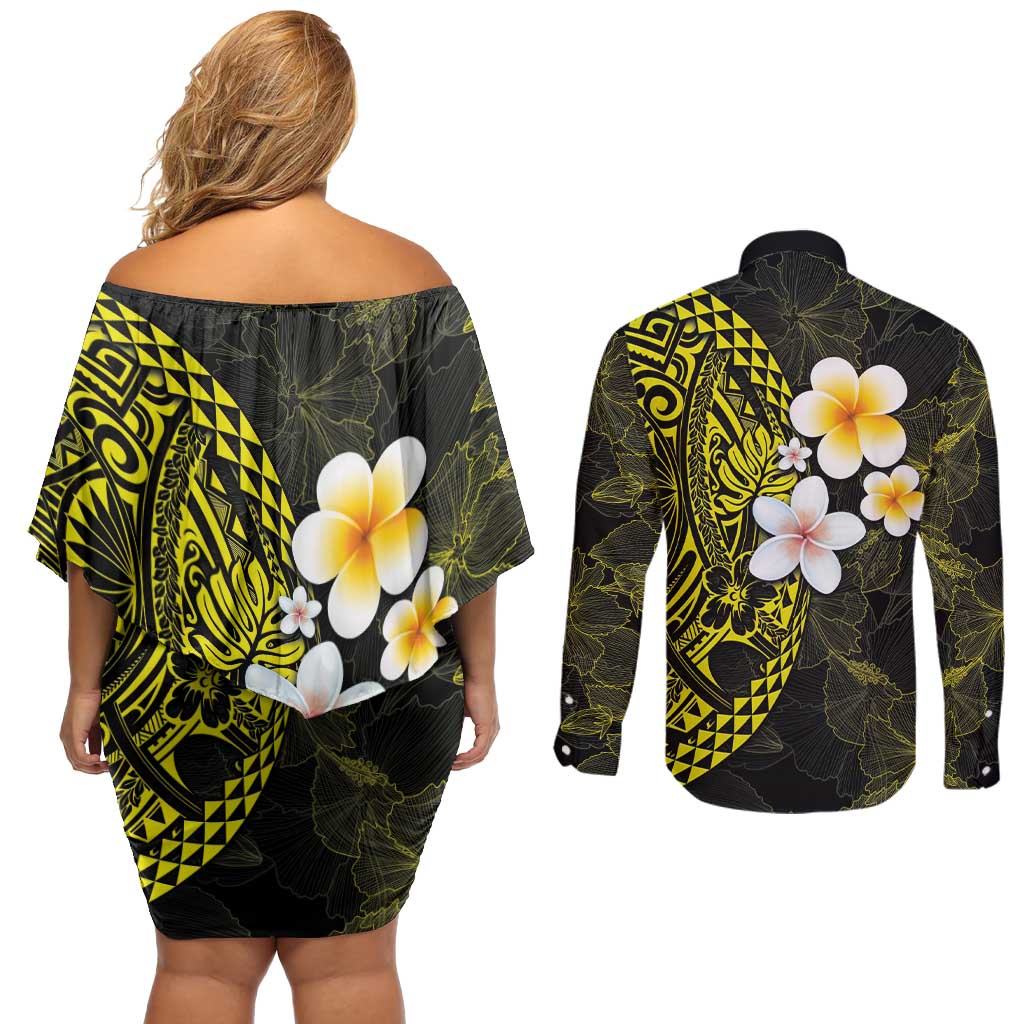 Hawaiian Hibiscus and Plumeria Polynesian Tribal Tattoo Couples Matching Off Shoulder Short Dress and Long Sleeve Button Shirt Yellow Color