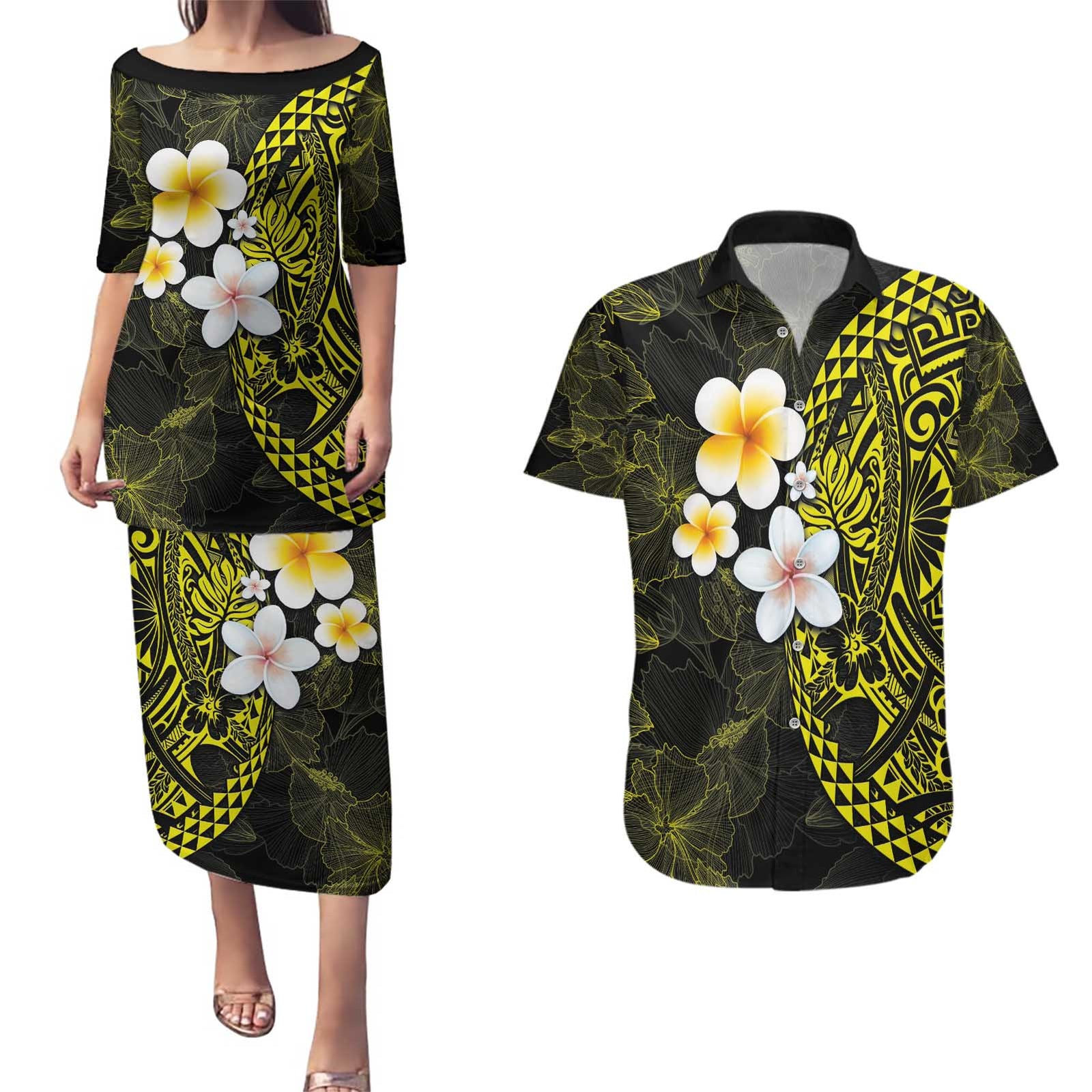 Hawaiian Hibiscus and Plumeria Polynesian Tribal Tattoo Couples Matching Puletasi and Hawaiian Shirt Yellow Color
