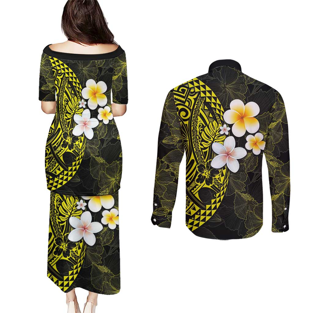 Hawaiian Hibiscus and Plumeria Polynesian Tribal Tattoo Couples Matching Puletasi and Long Sleeve Button Shirt Yellow Color