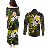 Hawaiian Hibiscus and Plumeria Polynesian Tribal Tattoo Couples Matching Puletasi and Long Sleeve Button Shirt Yellow Color