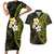 Hawaiian Hibiscus and Plumeria Polynesian Tribal Tattoo Couples Matching Short Sleeve Bodycon Dress and Hawaiian Shirt Yellow Color