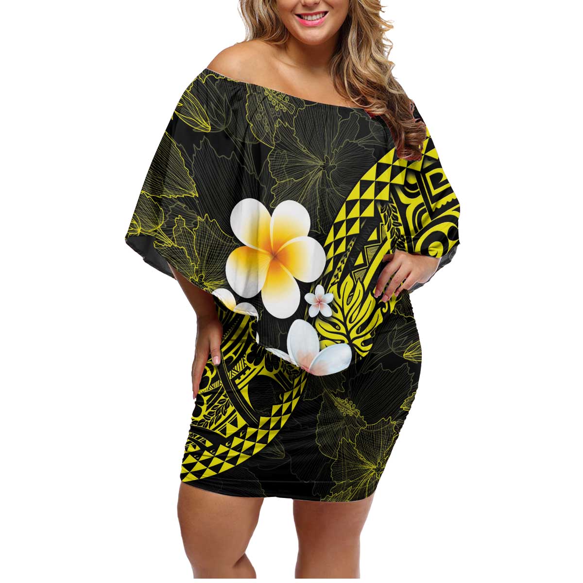Hawaiian Hibiscus and Plumeria Polynesian Tribal Tattoo Family Matching Off Shoulder Short Dress and Hawaiian Shirt Yellow Color