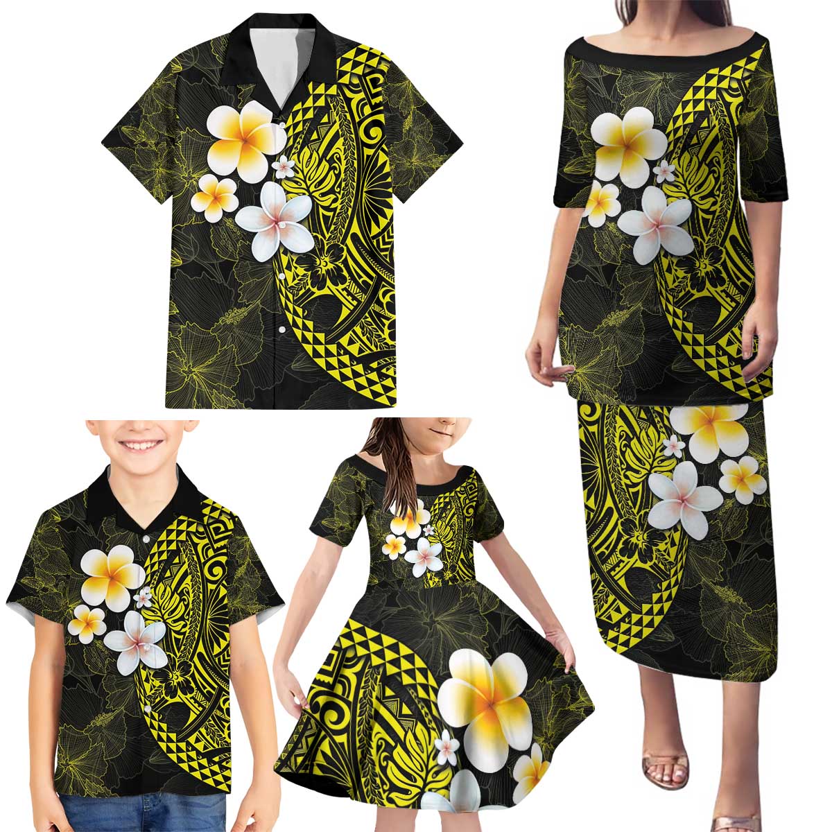 Hawaiian Hibiscus and Plumeria Polynesian Tribal Tattoo Family Matching Puletasi and Hawaiian Shirt Yellow Color LT03 - Polynesian Pride