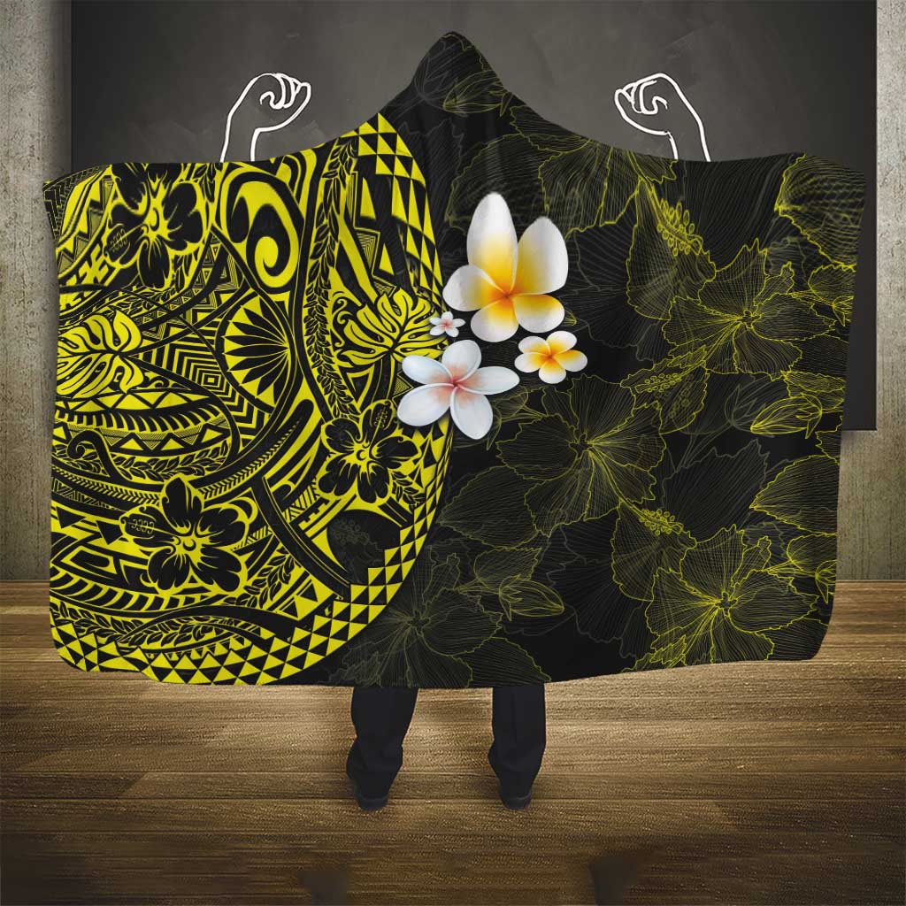 Hawaiian Hibiscus and Plumeria Polynesian Tribal Tattoo Hooded Blanket Yellow Color