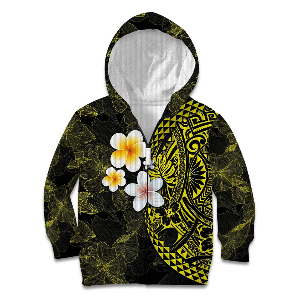Hawaiian Hibiscus and Plumeria Polynesian Tribal Tattoo Kid Hoodie Yellow Color
