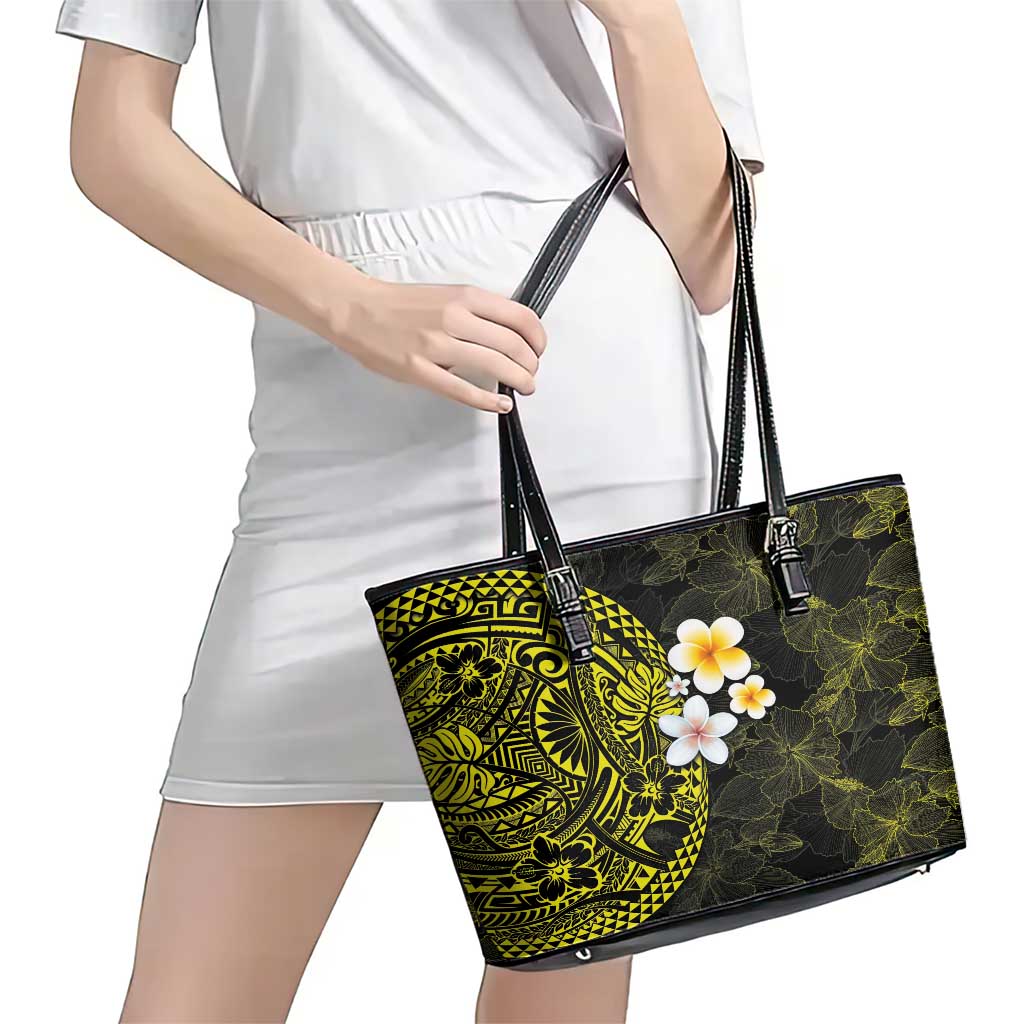 Hawaiian Hibiscus and Plumeria Polynesian Tribal Tattoo Leather Tote Bag Yellow Color LT03 - Polynesian Pride