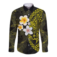 Hawaiian Hibiscus and Plumeria Polynesian Tribal Tattoo Long Sleeve Button Shirt Yellow Color LT03 Unisex Yellow - Polynesian Pride
