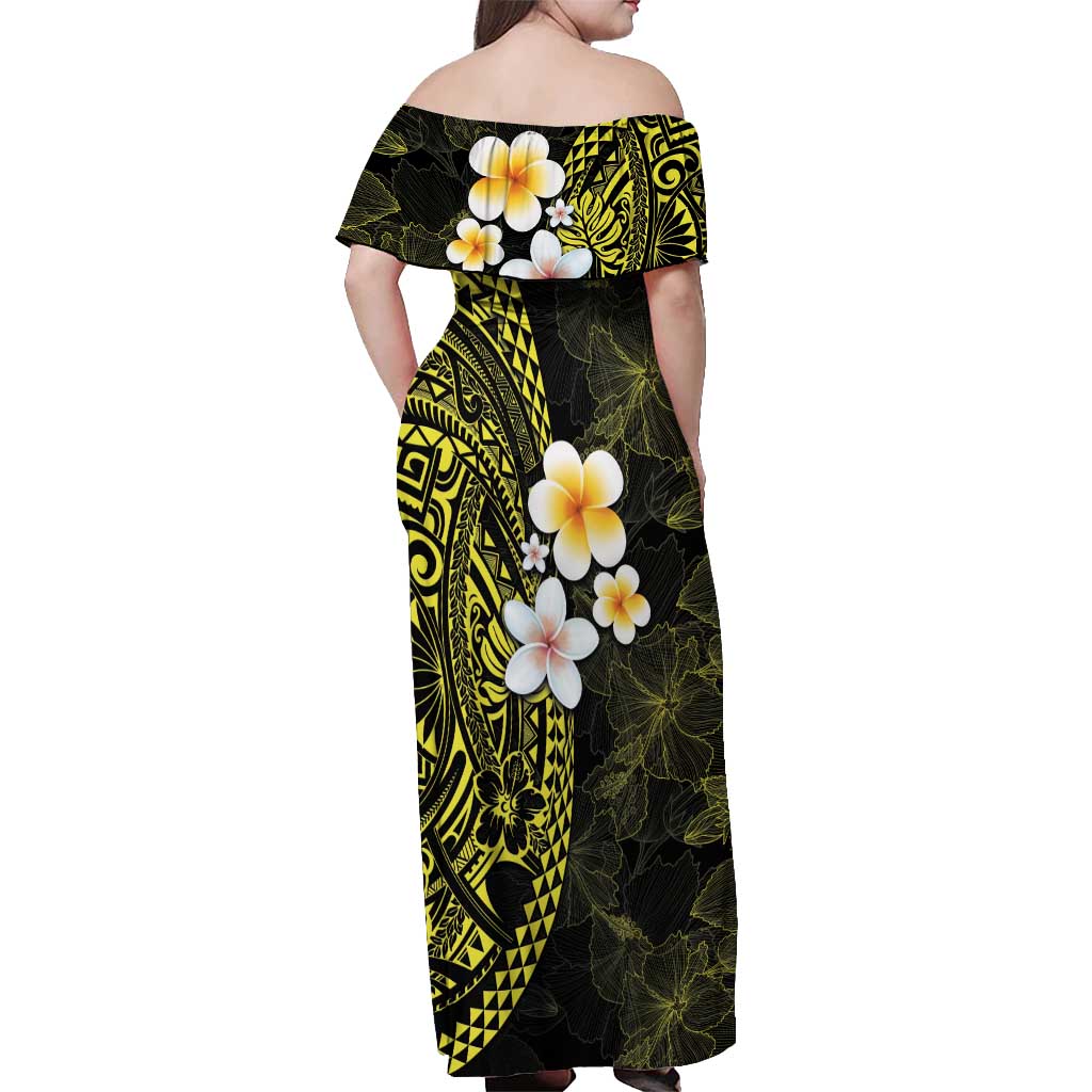 Hawaiian Hibiscus and Plumeria Polynesian Tribal Tattoo Off Shoulder Maxi Dress Yellow Color