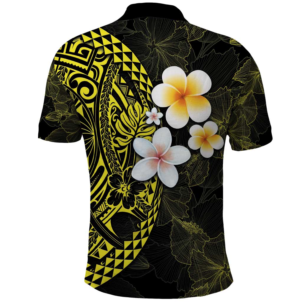 Hawaiian Hibiscus and Plumeria Polynesian Tribal Tattoo Polo Shirt Yellow Color
