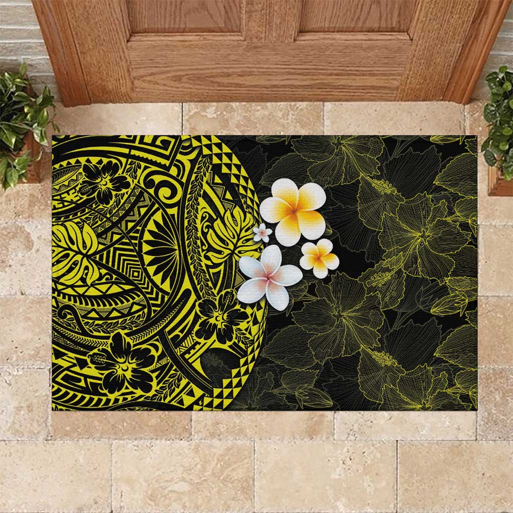 Hawaiian Hibiscus and Plumeria Polynesian Tribal Tattoo Rubber Doormat Yellow Color LT03 Yellow - Polynesian Pride