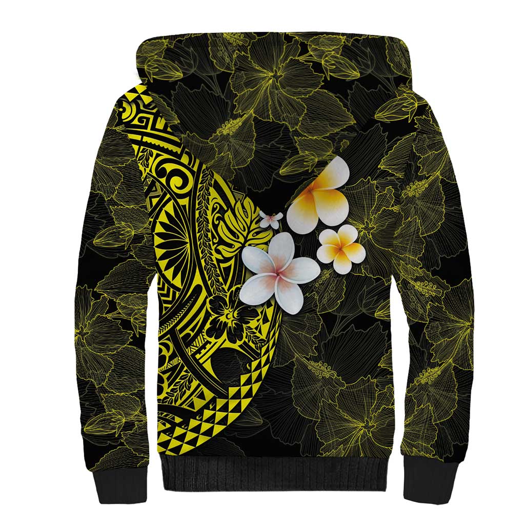 Hawaiian Hibiscus and Plumeria Polynesian Tribal Tattoo Sherpa Hoodie Yellow Color