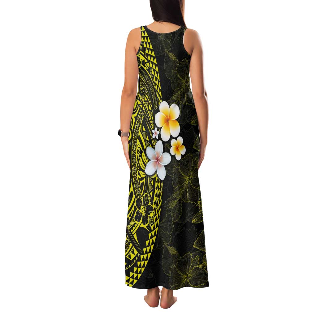 Hawaiian Hibiscus and Plumeria Polynesian Tribal Tattoo Tank Maxi Dress Yellow Color