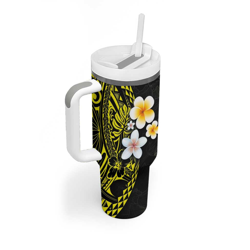 Hawaiian Hibiscus and Plumeria Polynesian Tribal Tattoo Tumbler With Handle Yellow Color