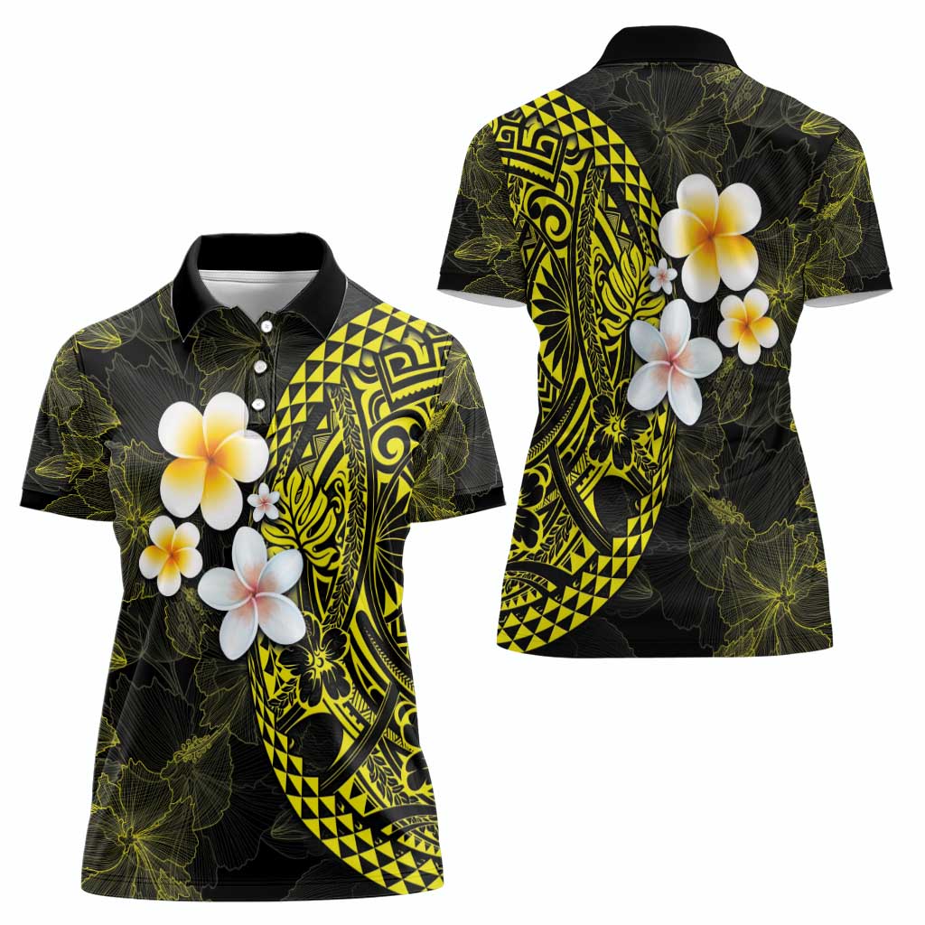 Hawaiian Hibiscus and Plumeria Polynesian Tribal Tattoo Women Polo Shirt Yellow Color
