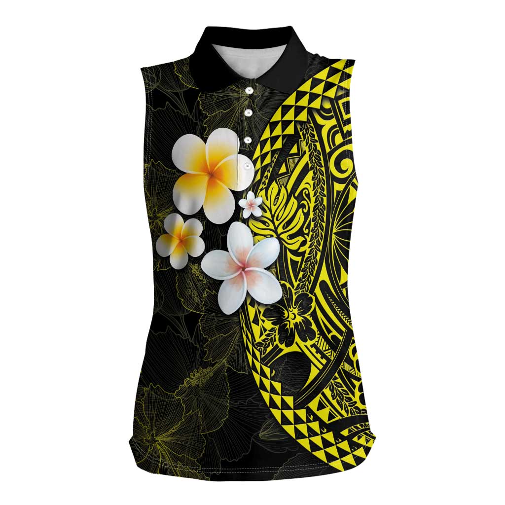 Hawaiian Hibiscus and Plumeria Polynesian Tribal Tattoo Women Sleeveless Polo Shirt Yellow Color LT03 Female Yellow - Polynesian Pride