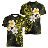 Hawaiian Hibiscus and Plumeria Polynesian Tribal Tattoo Women V-Neck T-Shirt Yellow Color LT03 - Polynesian Pride