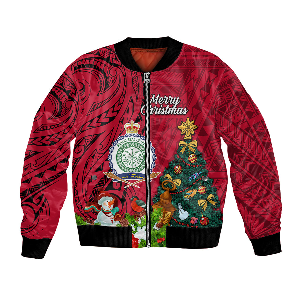 Niue Christmas Bomber Jacket Coat of Arms and Polynesian Tattoo Xmas Element Christmas Red Vibe LT03 Unisex Red - Polynesian Pride