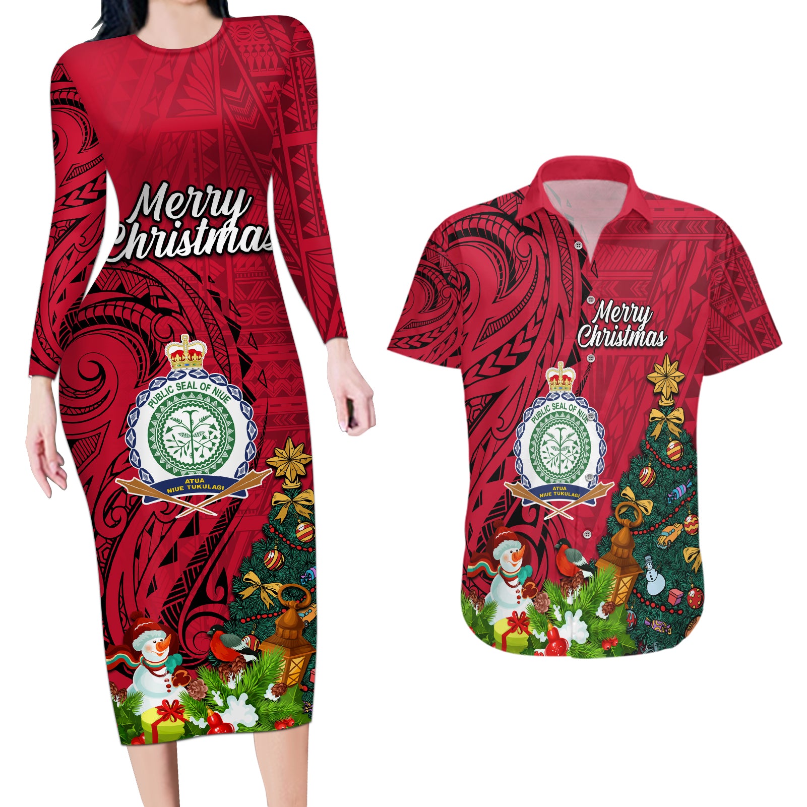 Niue Christmas Couples Matching Long Sleeve Bodycon Dress and Hawaiian Shirt Coat of Arms and Polynesian Tattoo Xmas Element Christmas Red Vibe LT03 Red - Polynesian Pride