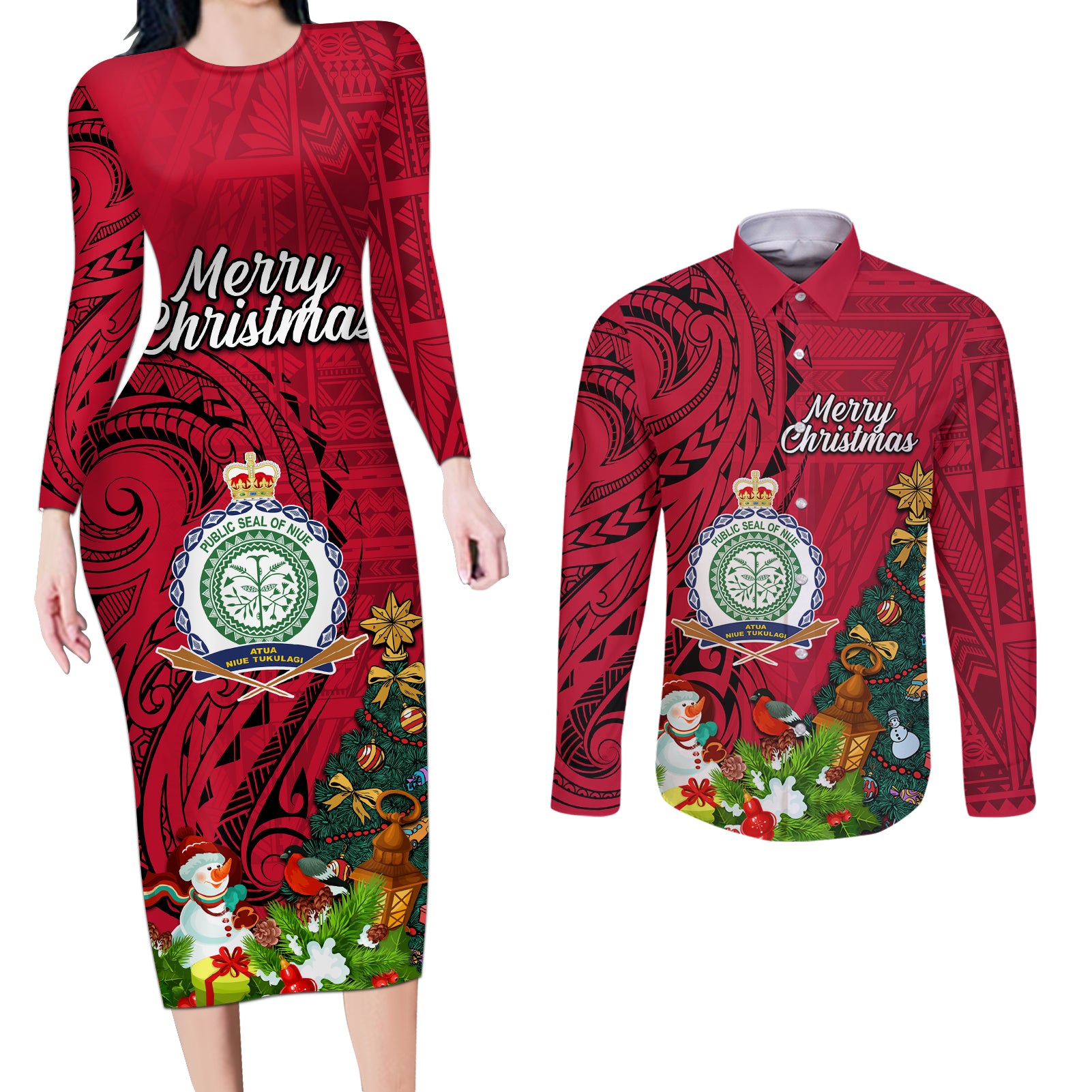 Niue Christmas Couples Matching Long Sleeve Bodycon Dress and Long Sleeve Button Shirt Coat of Arms and Polynesian Tattoo Xmas Element Christmas Red Vibe LT03 Red - Polynesian Pride