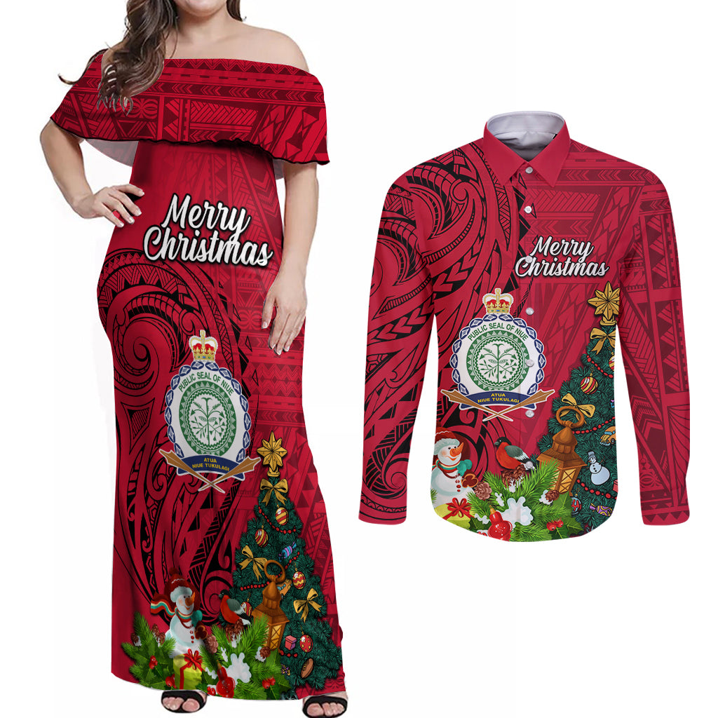 Niue Christmas Couples Matching Off Shoulder Maxi Dress and Long Sleeve Button Shirt Coat of Arms and Polynesian Tattoo Xmas Element Christmas Red Vibe LT03 Red - Polynesian Pride