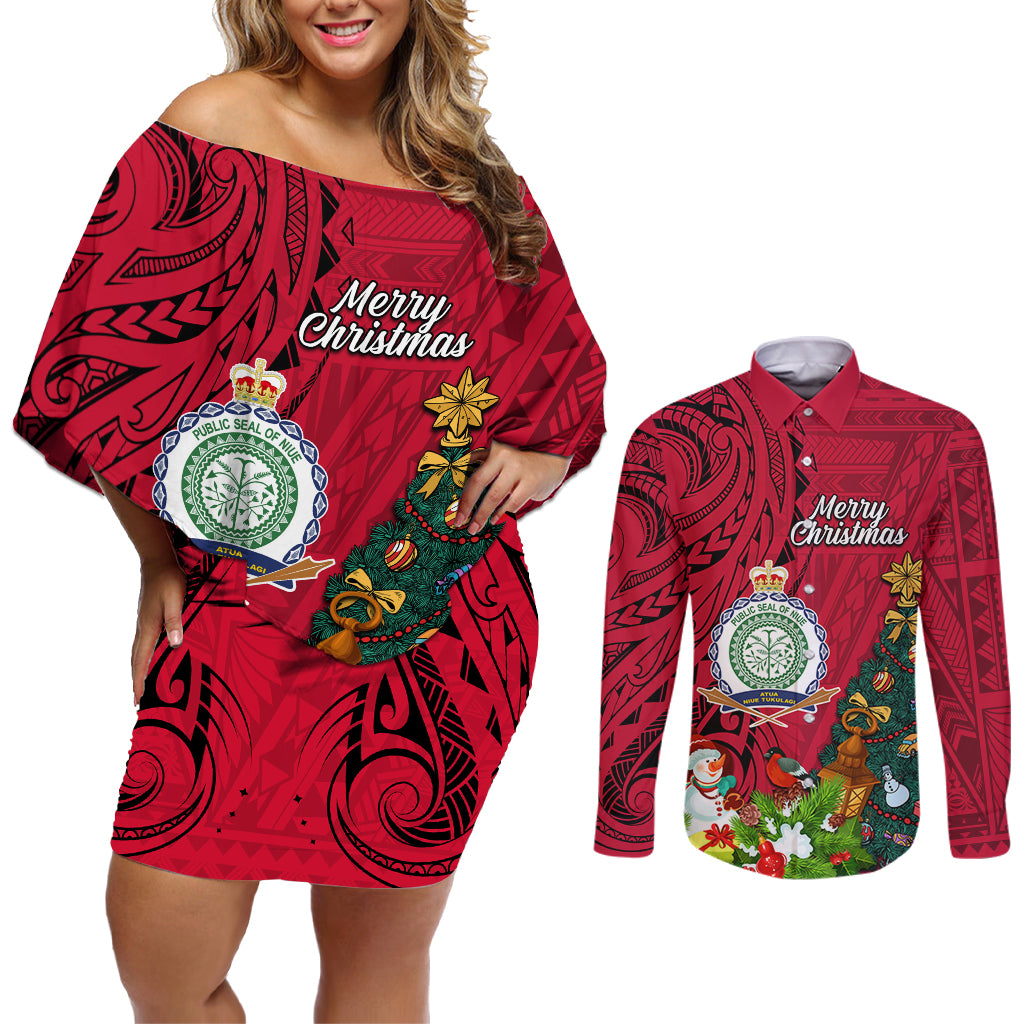 Niue Christmas Couples Matching Off Shoulder Short Dress and Long Sleeve Button Shirt Coat of Arms and Polynesian Tattoo Xmas Element Christmas Red Vibe LT03 Red - Polynesian Pride