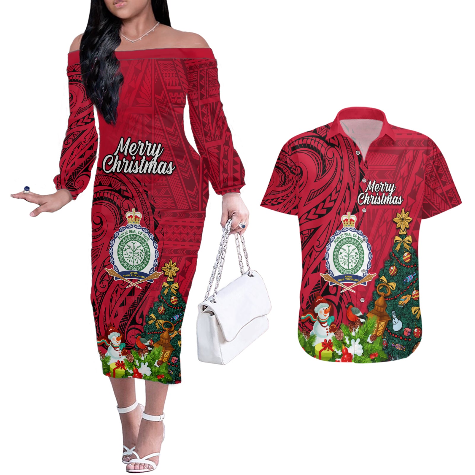 Niue Christmas Couples Matching Off The Shoulder Long Sleeve Dress and Hawaiian Shirt Coat of Arms and Polynesian Tattoo Xmas Element Christmas Red Vibe LT03 Red - Polynesian Pride