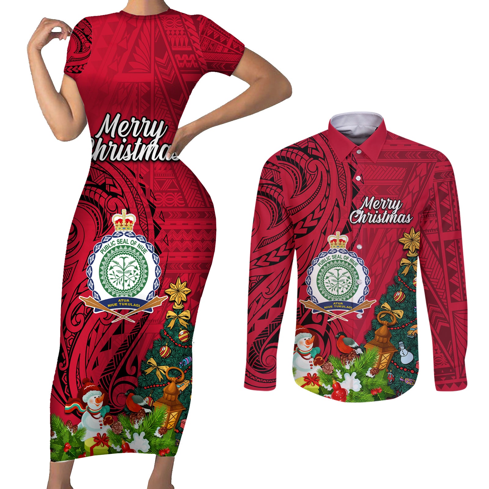 Niue Christmas Couples Matching Short Sleeve Bodycon Dress and Long Sleeve Button Shirt Coat of Arms and Polynesian Tattoo Xmas Element Christmas Red Vibe LT03 Red - Polynesian Pride