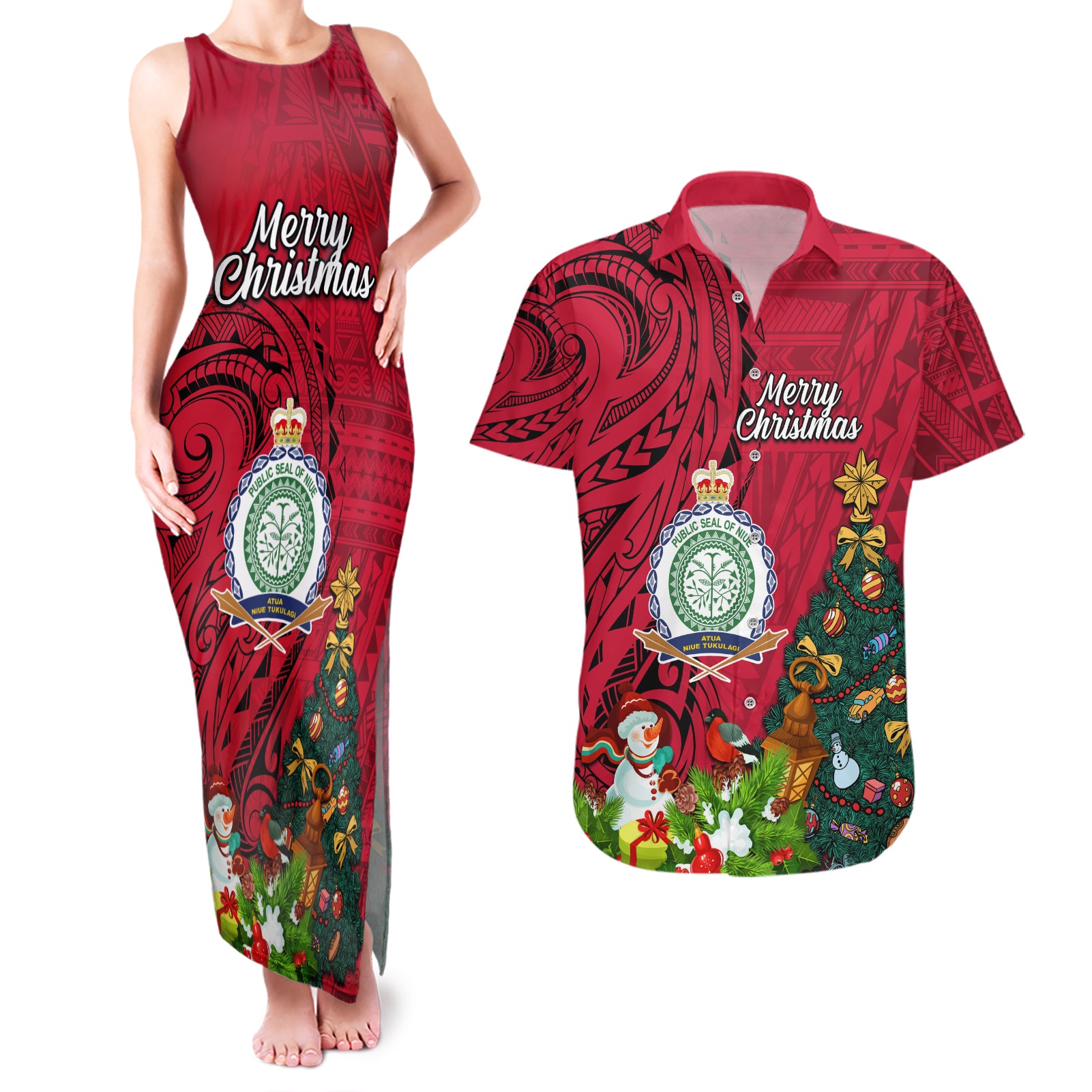 Niue Christmas Couples Matching Tank Maxi Dress and Hawaiian Shirt Coat of Arms and Polynesian Tattoo Xmas Element Christmas Red Vibe LT03 Red - Polynesian Pride