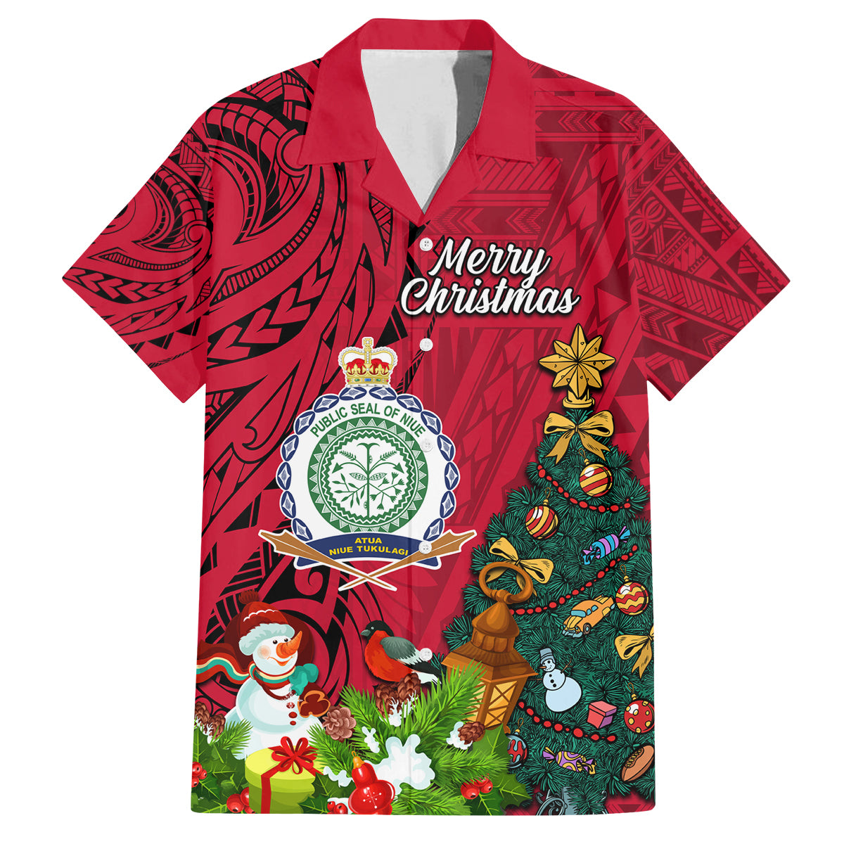 Niue Christmas Family Matching Off Shoulder Maxi Dress and Hawaiian Shirt Coat of Arms and Polynesian Tattoo Xmas Element Christmas Red Vibe LT03 Dad's Shirt - Short Sleeve Red - Polynesian Pride