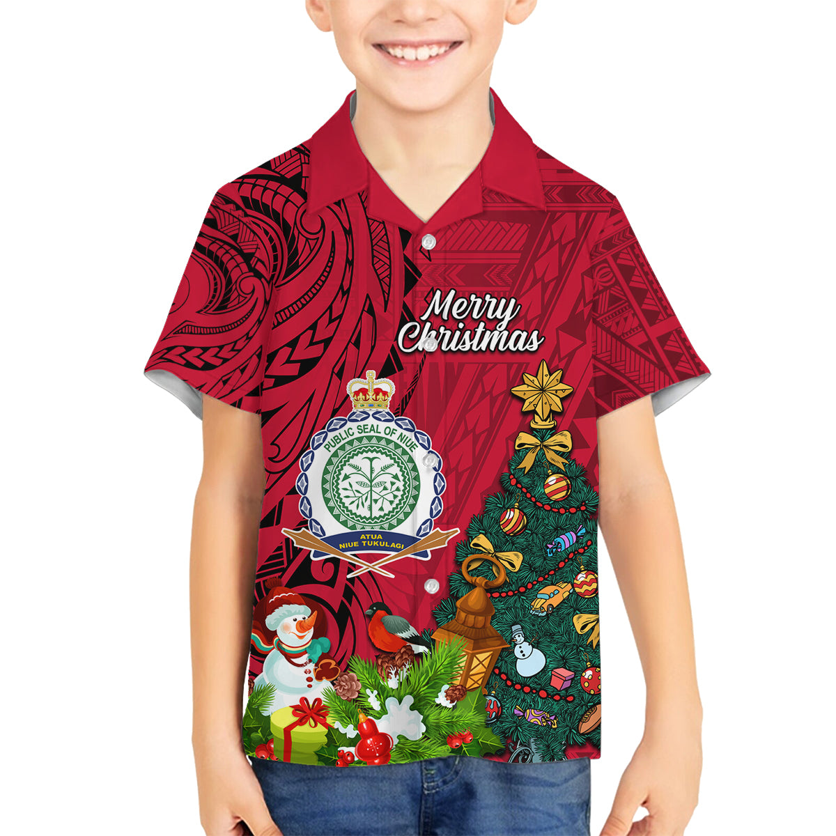 Niue Christmas Family Matching Off Shoulder Maxi Dress and Hawaiian Shirt Coat of Arms and Polynesian Tattoo Xmas Element Christmas Red Vibe LT03 Son's Shirt Red - Polynesian Pride