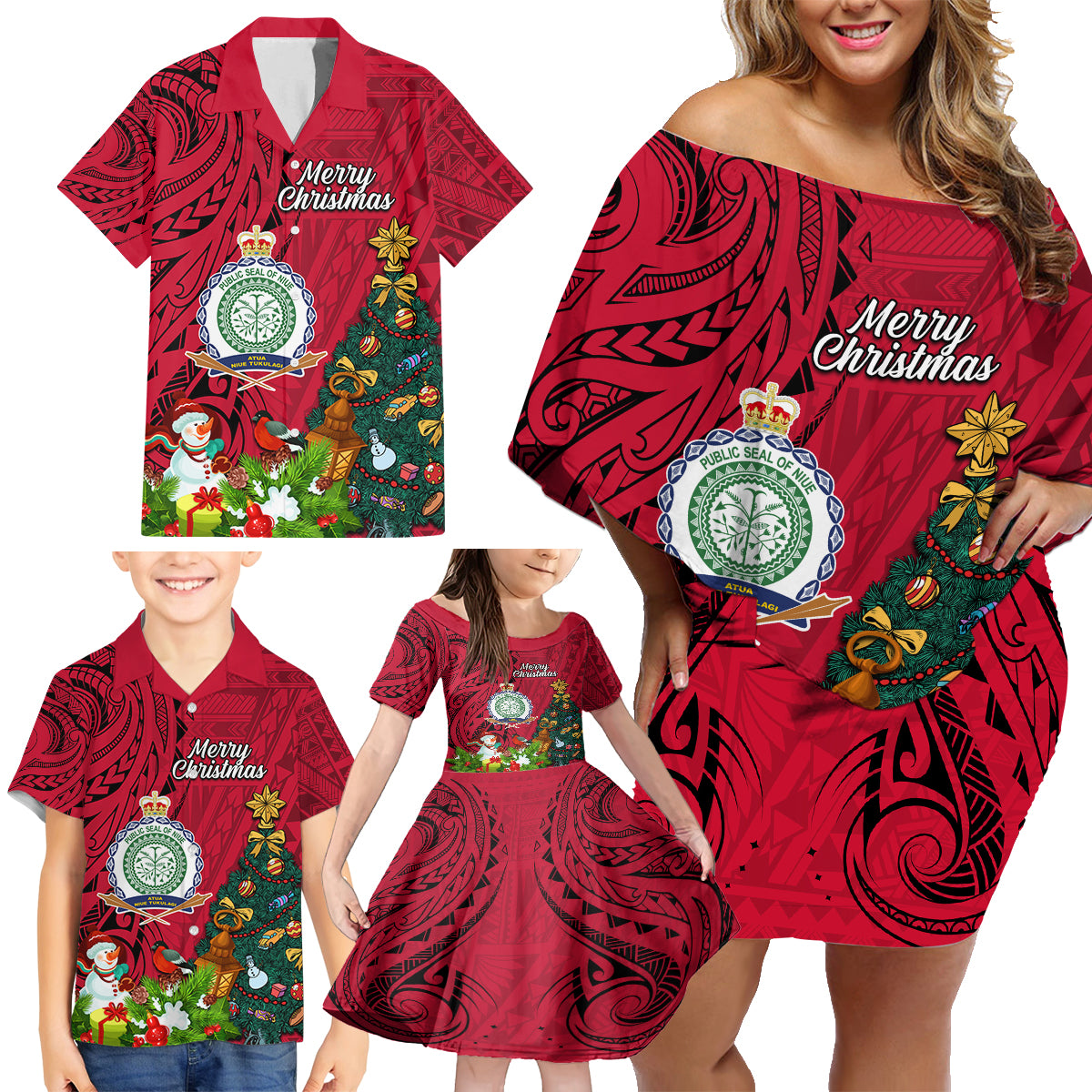 Niue Christmas Family Matching Off Shoulder Short Dress and Hawaiian Shirt Coat of Arms and Polynesian Tattoo Xmas Element Christmas Red Vibe LT03 - Polynesian Pride