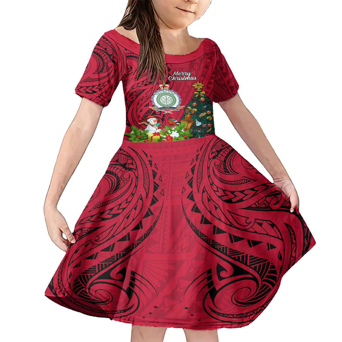 Niue Christmas Family Matching Short Sleeve Bodycon Dress and Hawaiian Shirt Coat of Arms and Polynesian Tattoo Xmas Element Christmas Red Vibe LT03 Daughter's Dress Red - Polynesian Pride