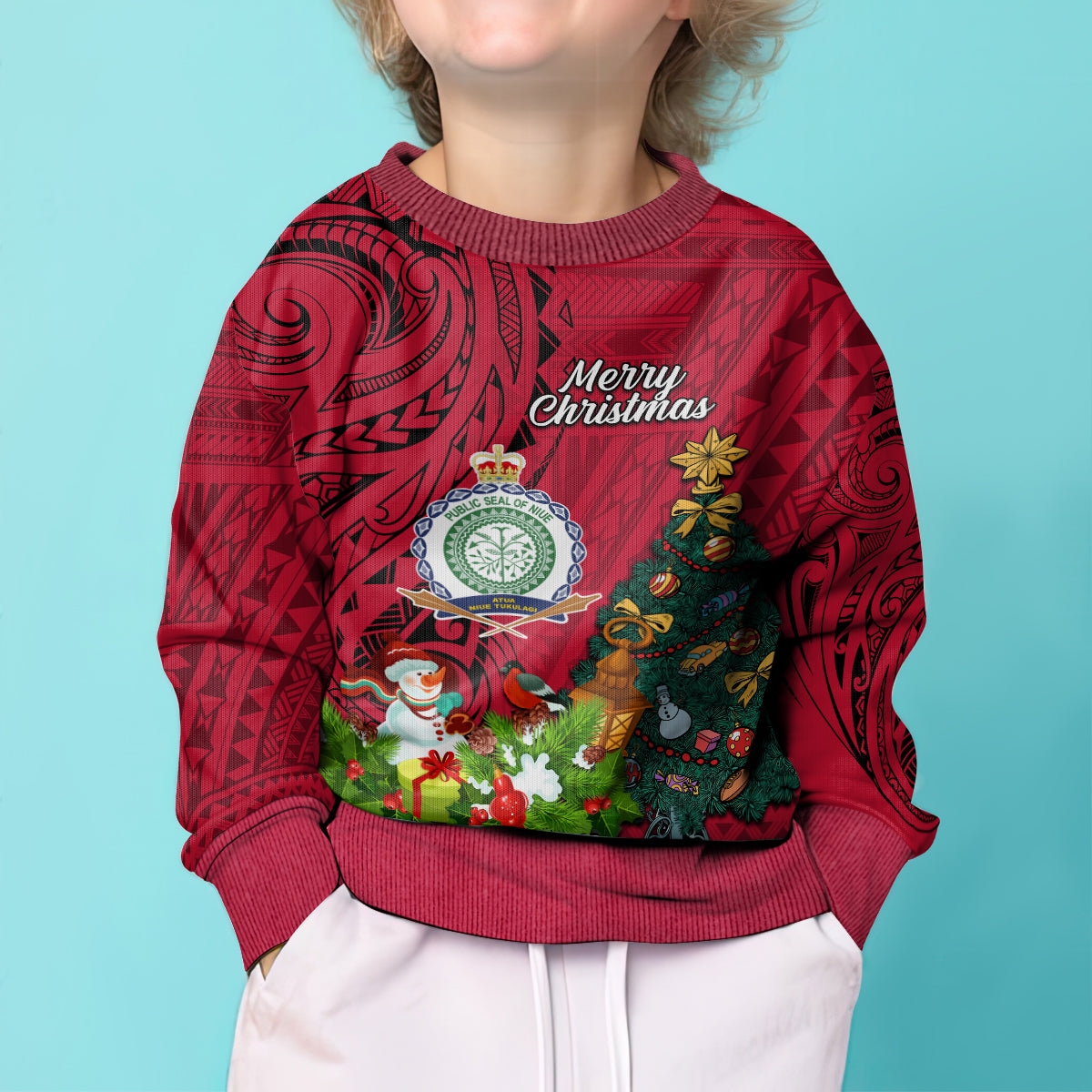 Niue Christmas Kid Ugly Christmas Sweater Coat of Arms and Polynesian Tattoo Xmas Element Christmas Red Vibe LT03 - Polynesian Pride