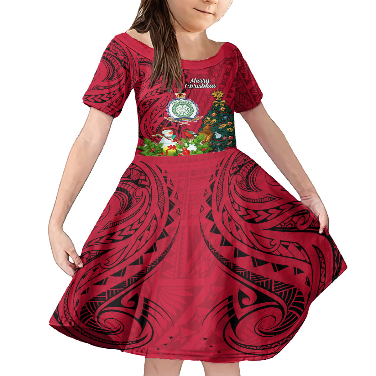 Niue Christmas Kid Short Sleeve Dress Coat of Arms and Polynesian Tattoo Xmas Element Christmas Red Vibe LT03 KID Red - Polynesian Pride